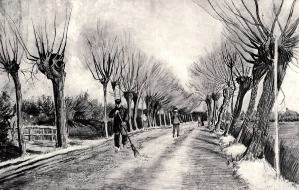 Vincent van Gogh, чёрно - белое, and Man with Broom, Road with, Pollard Willows, мужик …