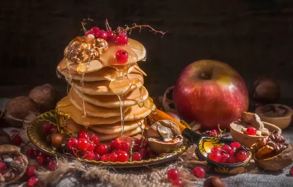 Картинка ягоды, яблоко, ложка, орехи, мёд, оладьи, красная смородина, Владимир Володин