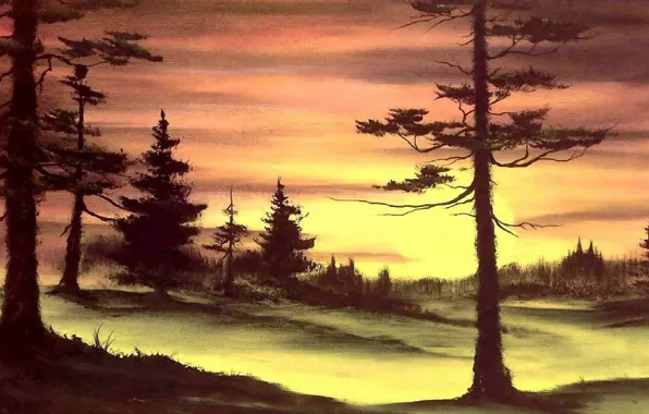Картинка лес, солнце, деревья, закат, природа, картина, живопись, Bob Ross