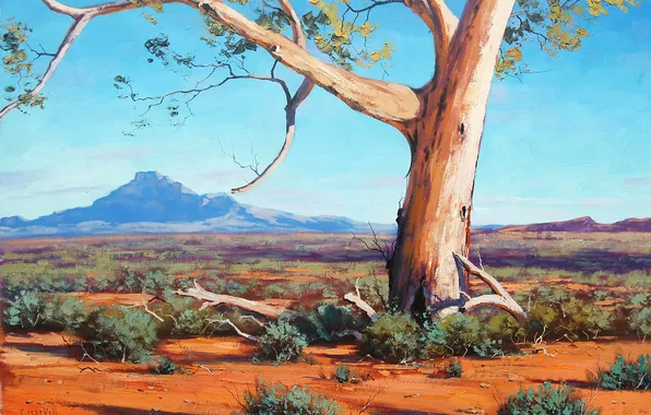 Картинка дерево, гора, холм, арт, кусты, австралия, artsaus