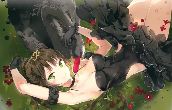 Корона, декольте, перчатки, корсет, балерина, на траве, зеленые глаза, black swan