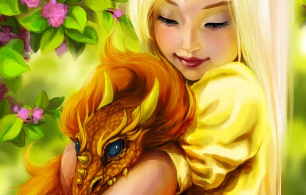 Картинка девочка, flowers, dragon, цветы, улыбка, Fantasy, art, дракон, girl, фэнтези, smile, Ink-pot, fantasy