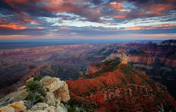 Картинка небо, облака, закат, скала, скалы, вечер, каньон, США