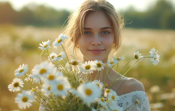 Поле, лето, взгляд, девушка, цветы, лицо, портрет, ромашки