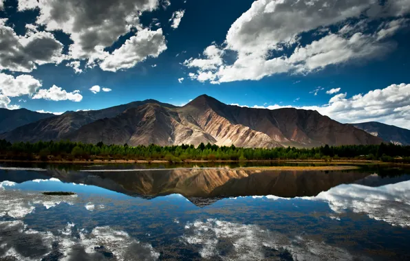 Картинка небо, облака, горы, озеро, отражение, китай, тибет, сhina