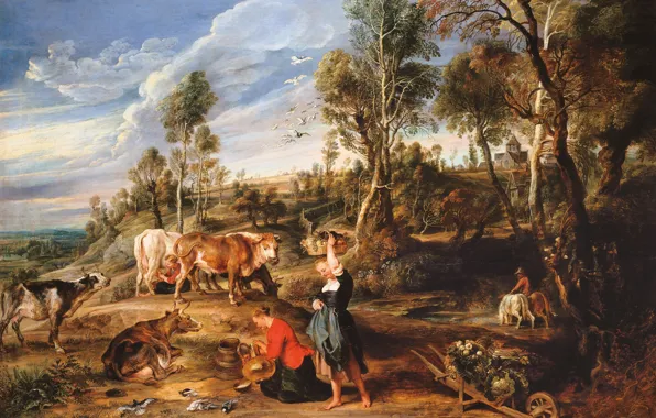 Картинка животные, картина, коровы, Питер Пауль Рубенс, Pieter Paul Rubens, Пейзаж с Доярками, Ферма в Лакене
