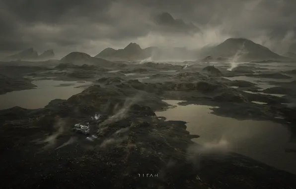 Горы, планета, озёра, titan, спецтехника