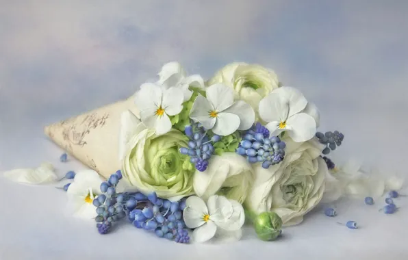 Цветы, фон, букет, голубые, арт, лежит, белые, живопись