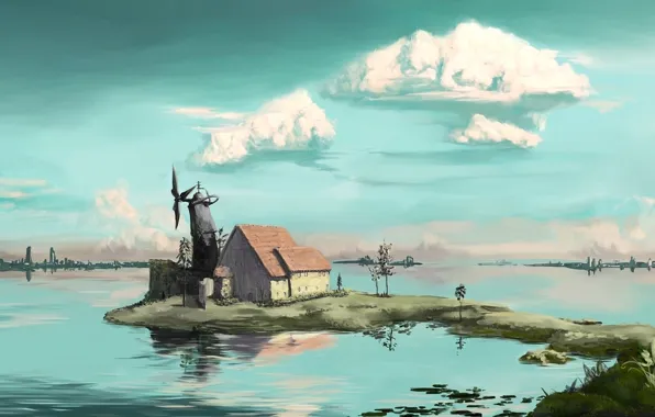Небо, вода, облака, дом, небоскребы, горизонт, ветряная мельница, полуостров