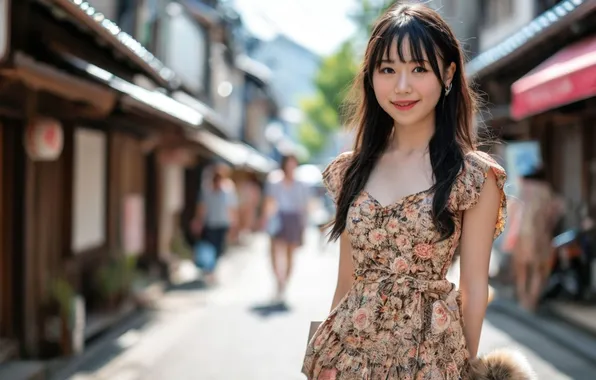 Лето, улыбка, девочка, азиатка, милашка, длинные волосы, на улице, asian