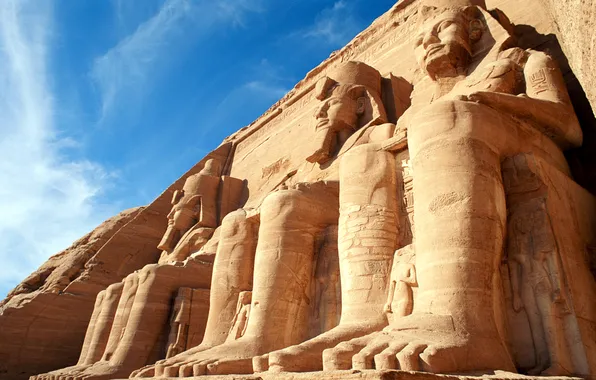 Картинка небо, облака, скала, храм, Египет, статуя, Абу-Симбел