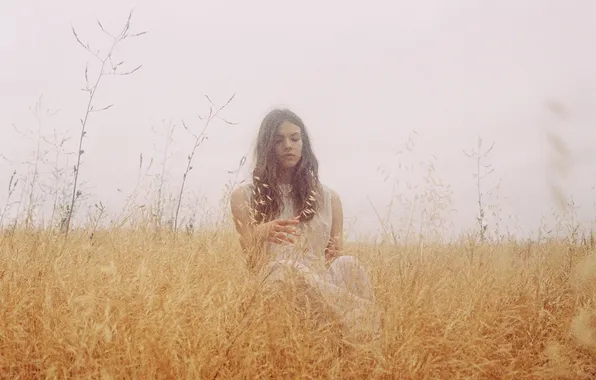 Girl, sky, dress, field, lips, hair