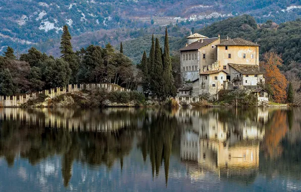 Картинка Italy, reflection, Castel Toblino, Lake Toblino, Trentino