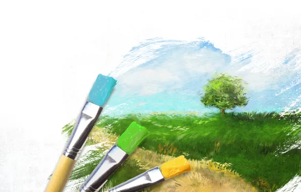 Картинка небо, трава, дерево, ветер, краски, рисунок, луг, кисти
