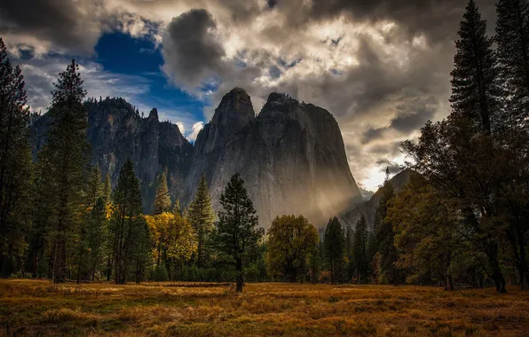 Осень, лес, небо, облака, горы, Калифорния, США, Yosemite National Park