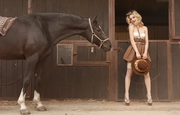 Девушка, конь, лошадь, чулки, шляпа, блондинка