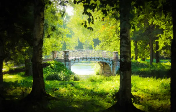 Лес, лето, мост, природа, рисунок, красота, сказка, живопись