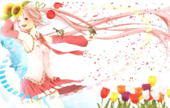 Радость, подсолнухи, весна, лепестки, галстук, тюльпаны, птички, vocaloid