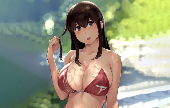 Girl, sexy, cleavage, beach, long hair, brown hair, brown eyes, nature