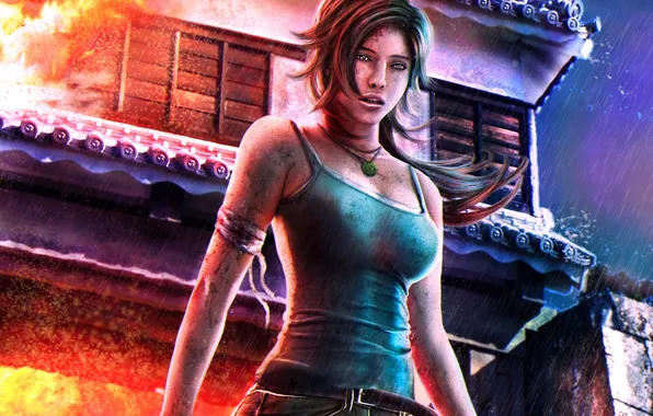 Картинка дом, пожар, Tomb Raider, art, Lara Croft