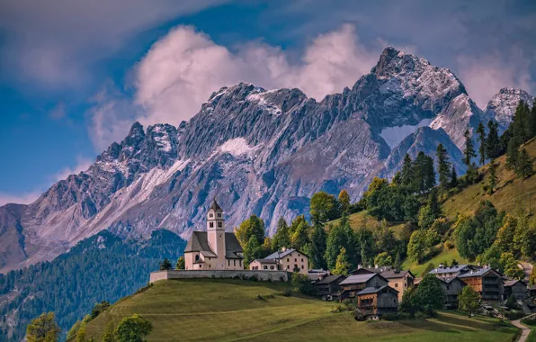 Картинка деревья, горы, дома, склон, Италия, церковь, Italy, Доломитовые Альпы