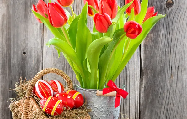 Картинка яйца, пасха, тюльпаны, red, flowers, tulips, eggs, easter