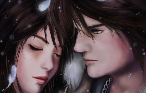 Картинка девушка, перья, лица, парень, закрытые глаза, Squall, Final Fantasy VIII, Rinoa