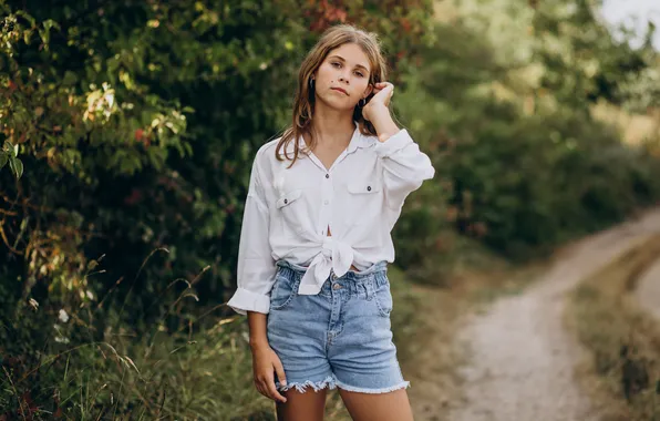 Girl, shorts, beautiful, cute, shirt, denim