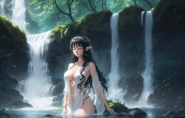 Girl, wet, nature, anime, waterfall, harmony, elf, digital art