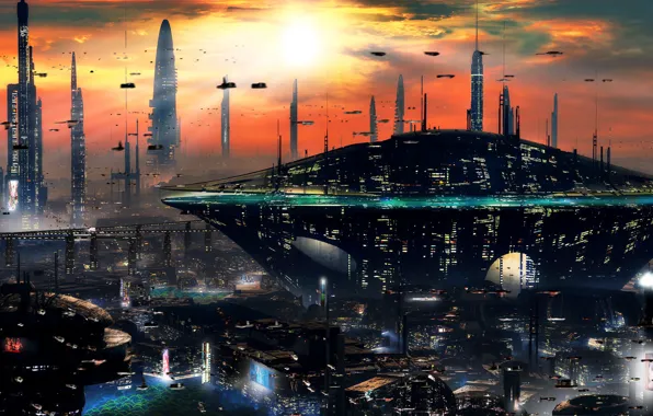 Закат, город, будущее, небоскребы, sci-fi