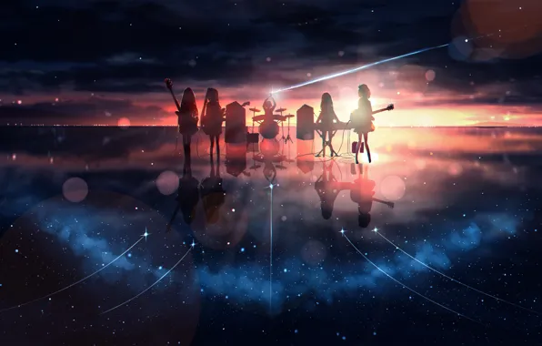 Закат, отражение, музыка, девушки, млечный путь, K－On！