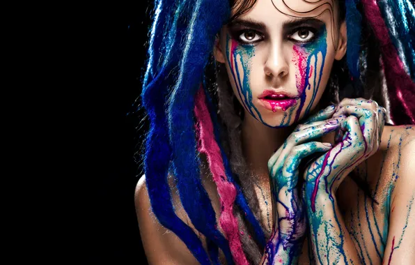 Blue, drag, model, tears, look, pose, fingers, Makeup