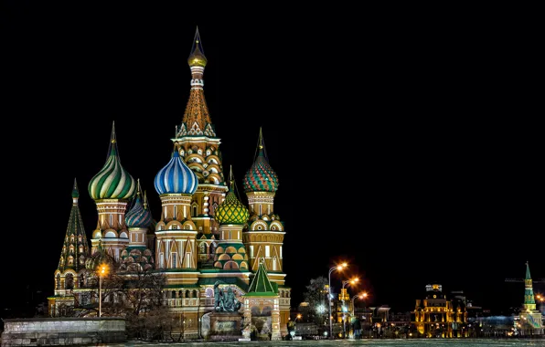 Картинка ночь, огни, здание, фонари, Москва, Собор Василия Блаженного, архитектура, купола