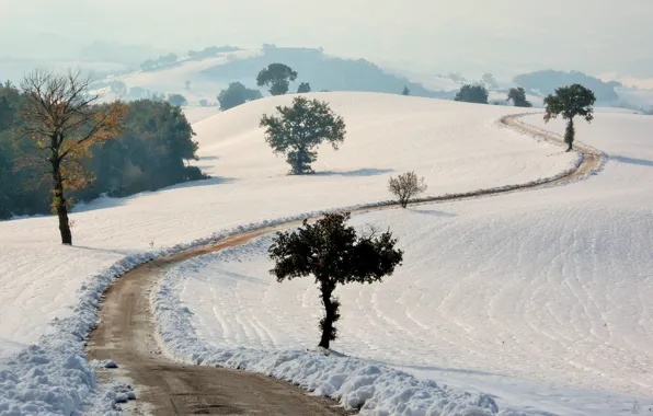 Картинка дорога, поле, снег, пейзаж