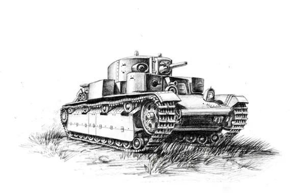 Арт, танк, карандаш, советский, средний, Т-28, чёрно-белый рисунок