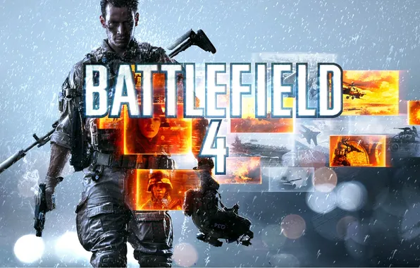 Картинка пистолет, оружие, солдат, джип, вертолёт, Electronic Arts, DICE, Battlefield 4