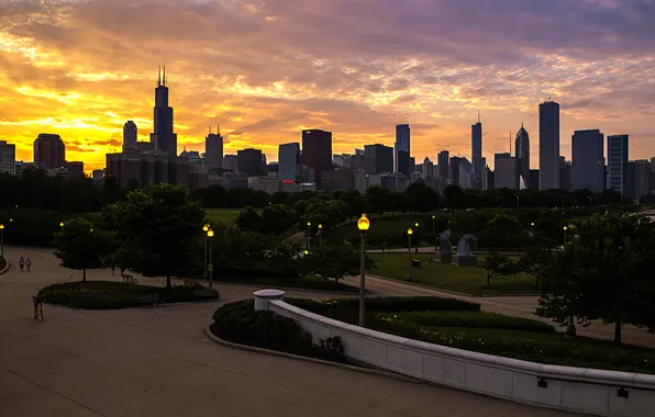 Картинка закат, город, парк, дома, Чикаго, Иллиноис