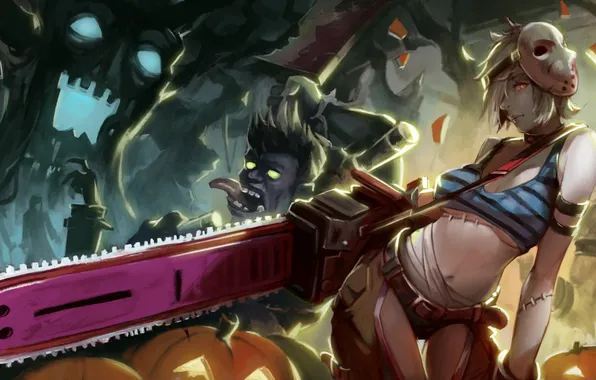 Грудь, девушка, Halloween, бензопила, League of Legends, Riven, Exile