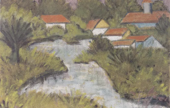 Картинка река, дома, кусты, Экспрессионизм, Otto Mueller, ca1929, Rote Dacher -