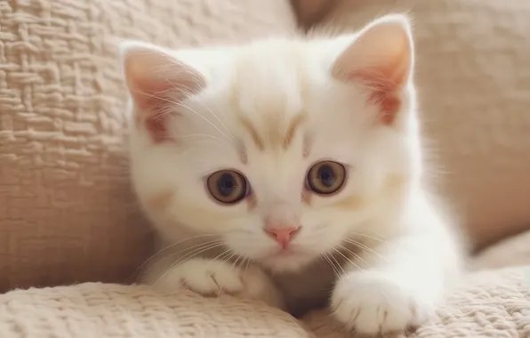 Кошка, белый, взгляд, поза, котенок, диван, портрет, лапки