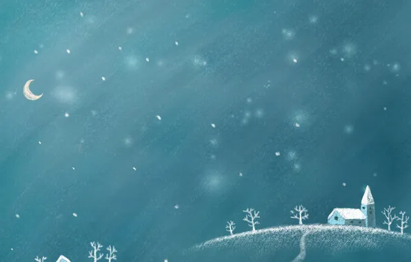 Картинка зима, снег, ночь, луна, новый год, зимняя ночь