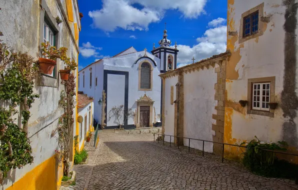 Картинка улица, дома, церковь, Португалия, Обидуш