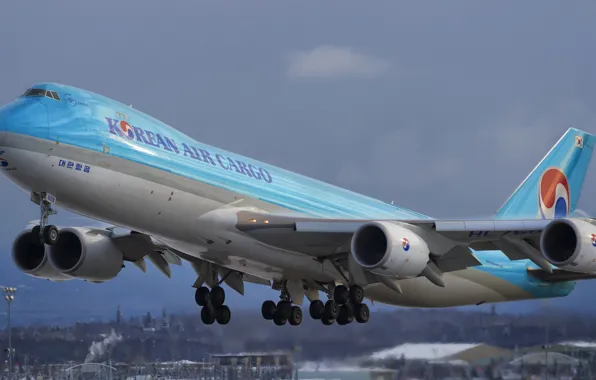Полет, самолет, Аляска, 747, боинг, грузовой, korean air cargo, boeing 747-8f