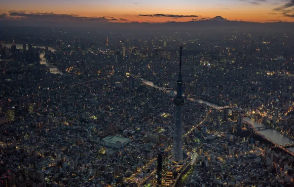 Ночь, город, Tokyo Skytree, Tokyo Tower and Mount, Sumida River