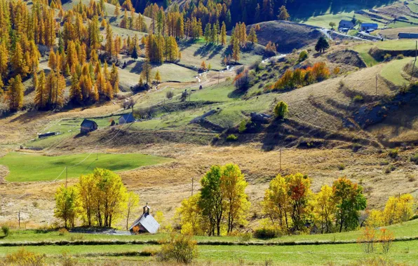 Осень, деревья, горы, природа, дом, Франция, Вальберг
