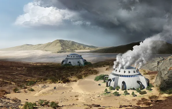 Горы, сооружения, climate change, desert retouche, Vaporous dome