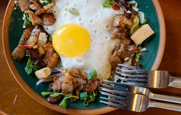 Картинка яйцо, завтрак, яичница, бекон, вилки, крутоны, гренки, сухарики