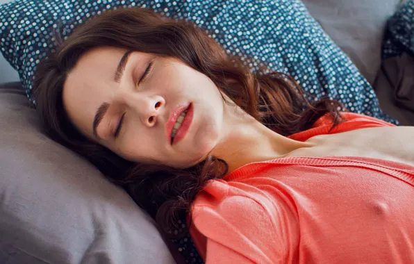 Cleavage, woman, model, brunette, sleep, pillow, shirt, mouth