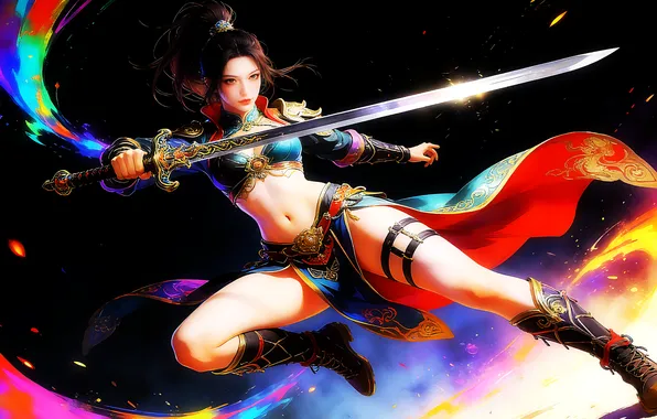 Картинка girl, sword, sexy, woman, brunette, asian, boots, ai art