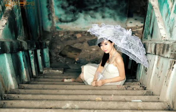 Картинка девушка, зонт, ступени, азиатка